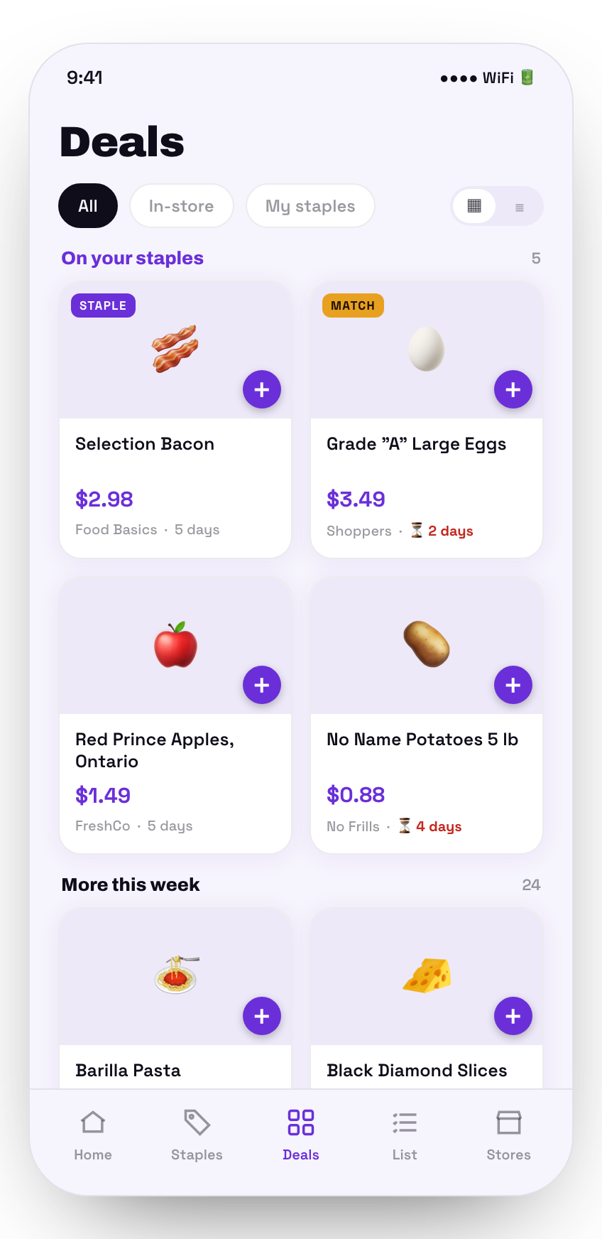 The Bagged app showing the cheapest price for each grocery staple across local flyers